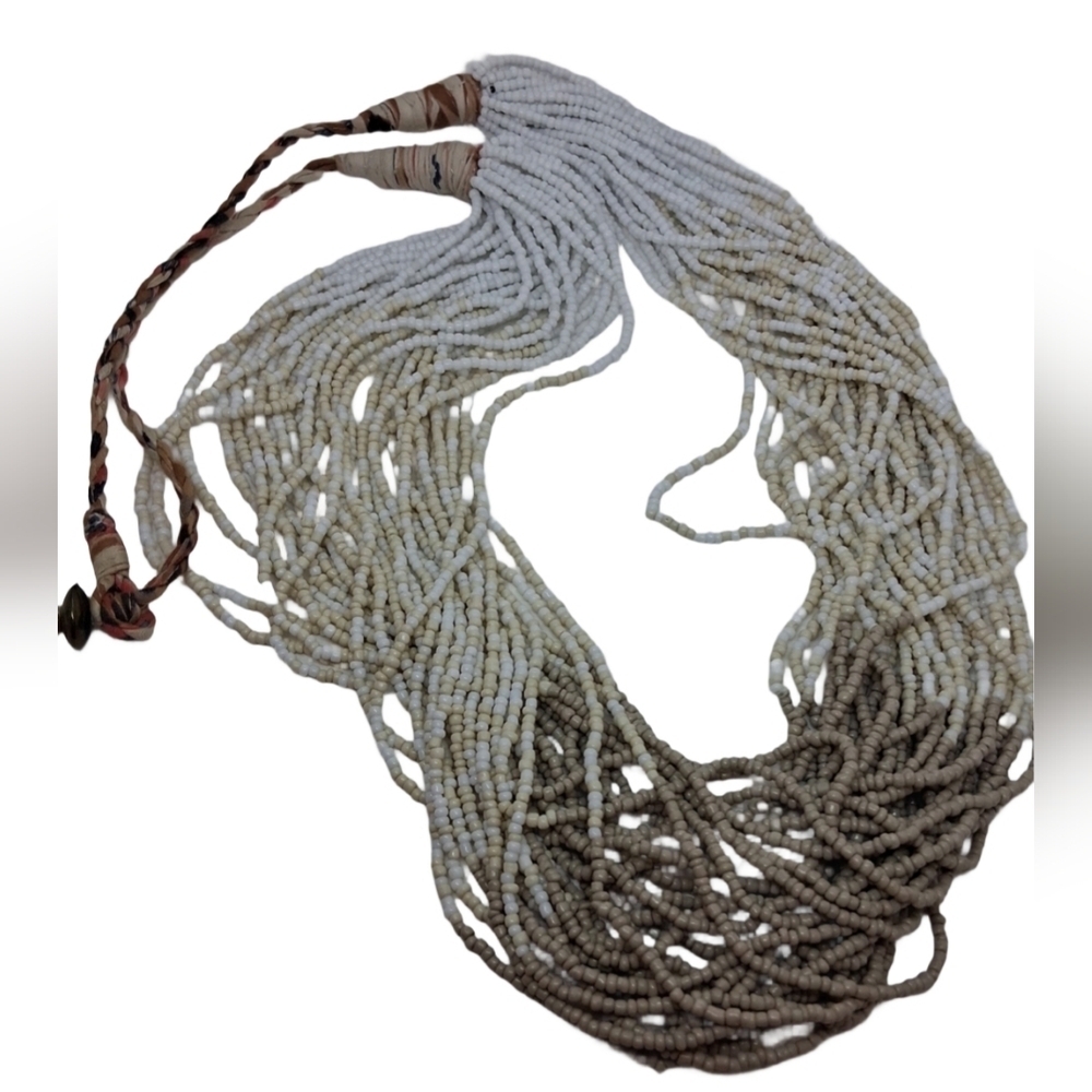 Vintage Ombre Seed Bead Multi-Strand Statement Necklace Boho Neutral - Picture 3 of 8